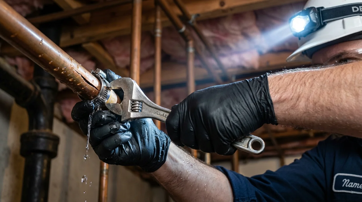 Emergency pipe clamp repair being performed by a Johns Plumbing LLC plumber in Quincy