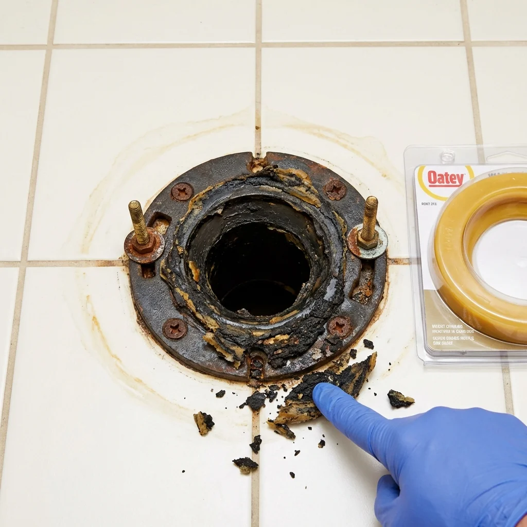 Failed wax ring showing water seepage at the base of a toilet in a Quincy, MI home