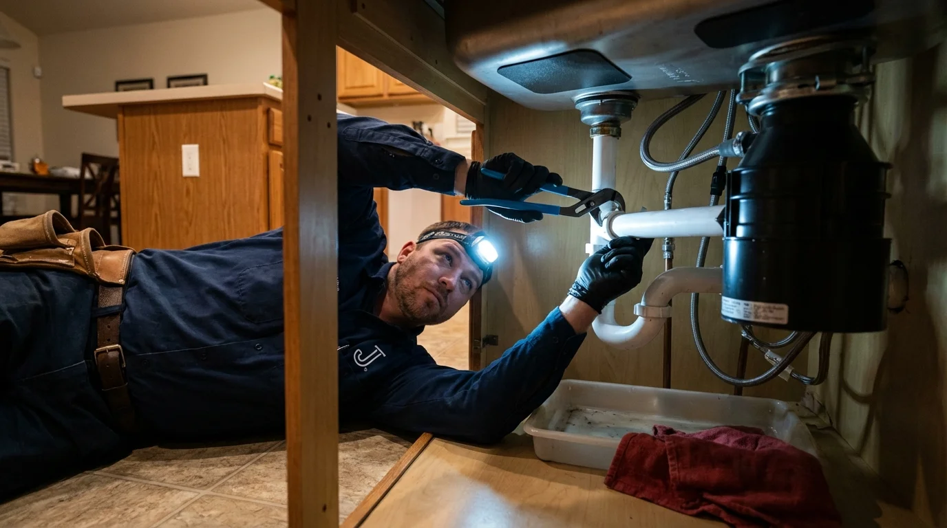 P-trap and supply line connections under a kitchen sink showing a common leak point in Quincy, MI